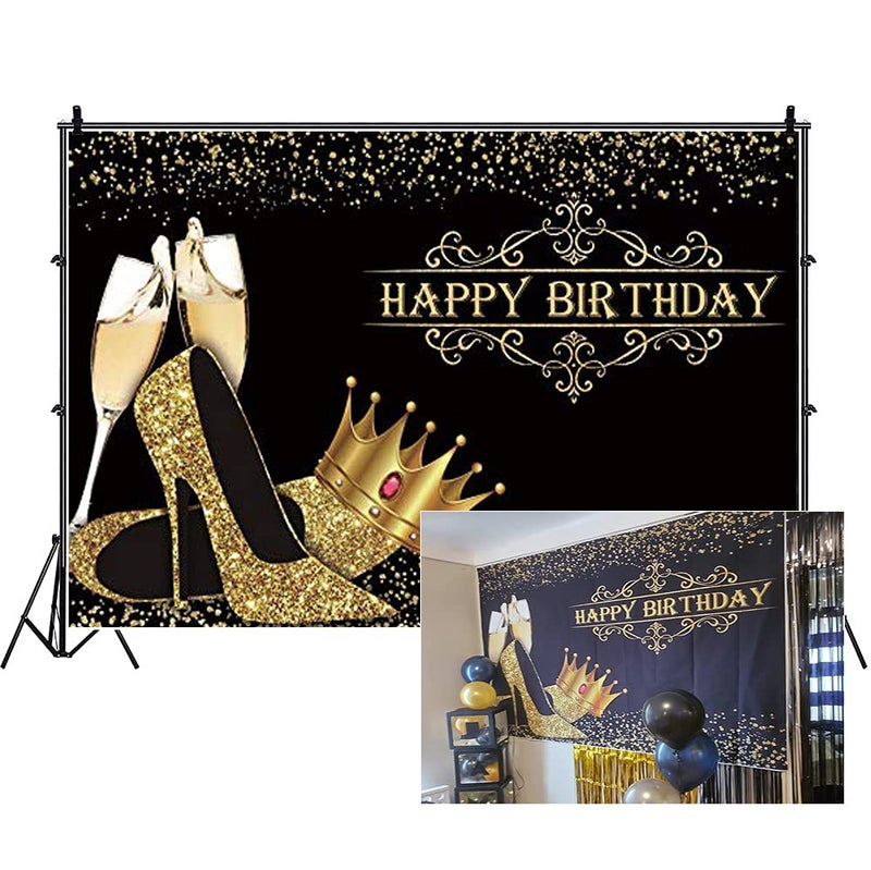 Dorcev 8x6ft Happy Birthday Backdrop Lady Queen Theme Birthday Party Background Shiny Golden Crown High Heel Shoes Party Cake Table Banner Photo Studio Props - Image 1